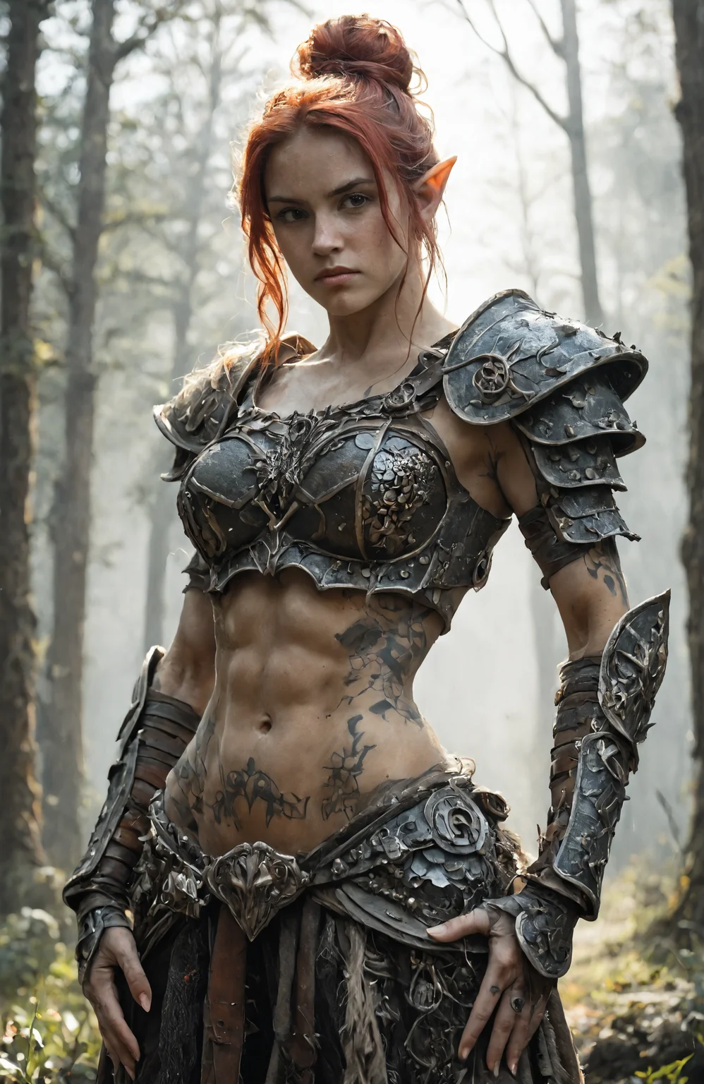 score_9, score_8_up, score_7_up, (realistic:1.1), BREAK
cowboy shot,
1girl, red hair, hair bun, pointy ears, (elf:1.1),
(hand on own hip:1.2),
skinny, toned female, medium breasts, microwaist,
ornate (armor:1.2), shoulder armor, vambraces, greaves, navel, (abs:1.1), hip bones,
flower tattoo,
skindentation, BREAK
vivid, outdoors, forest, sky, dappled sunlight,
dramatic lightning, dramatic shadows,
fantasy, medieval,
<lora:Round_Breasts_XL_XV7:1.0>
<lora:Fant5yP0ny:0.2>
<lora:0220 nude tattoo_v1_pony:0.9>
<lora:microwaist-ponyxl-v1:0.15>