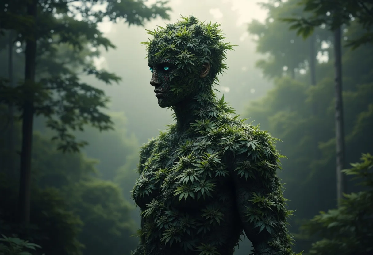 "Create a surreal and slightly ominous professional photo with a humanoid figure made entirely of cannabis plants, blending seamlessly with the natural environment around it. The figure is detailed, with layers of buds and leaves forming the contours of a human silhouette, and stands against a background of dense, misty forest. The atmosphere is eerie and dreamlike, with soft, diffused light streaming through the trees, casting mysterious shadows. The mist hangs low, creating a sense of intrigue as if this figure has emerged from the depths of nature. The color palette is rich and earthy, with shades of deep green and smoky grays, adding to the otherworldly ambiance. The background should complement the figure, enhancing its organic texture and blending it harmoniously with the wild, untamed forest, retro_anime, aidmaMJ6.1