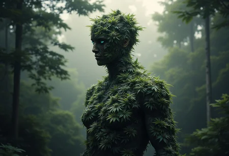 "Create a surreal and slightly ominous professional photo with a humanoid figure made entirely of cannabis plants, blending seamlessly with the natural environment around it. The figure is detailed, with layers of buds and leaves forming the contours of a human silhouette, and stands against a background of dense, misty forest. The atmosphere is eerie and dreamlike, with soft, diffused light streaming through the trees, casting mysterious shadows. The mist hangs low, creating a sense of intrigue as if this figure has emerged from the depths of nature. The color palette is rich and earthy, with shades of deep green and smoky grays, adding to the otherworldly ambiance. The background should complement the figure, enhancing its organic texture and blending it harmoniously with the wild, untamed forest, retro_anime, aidmaMJ6.1