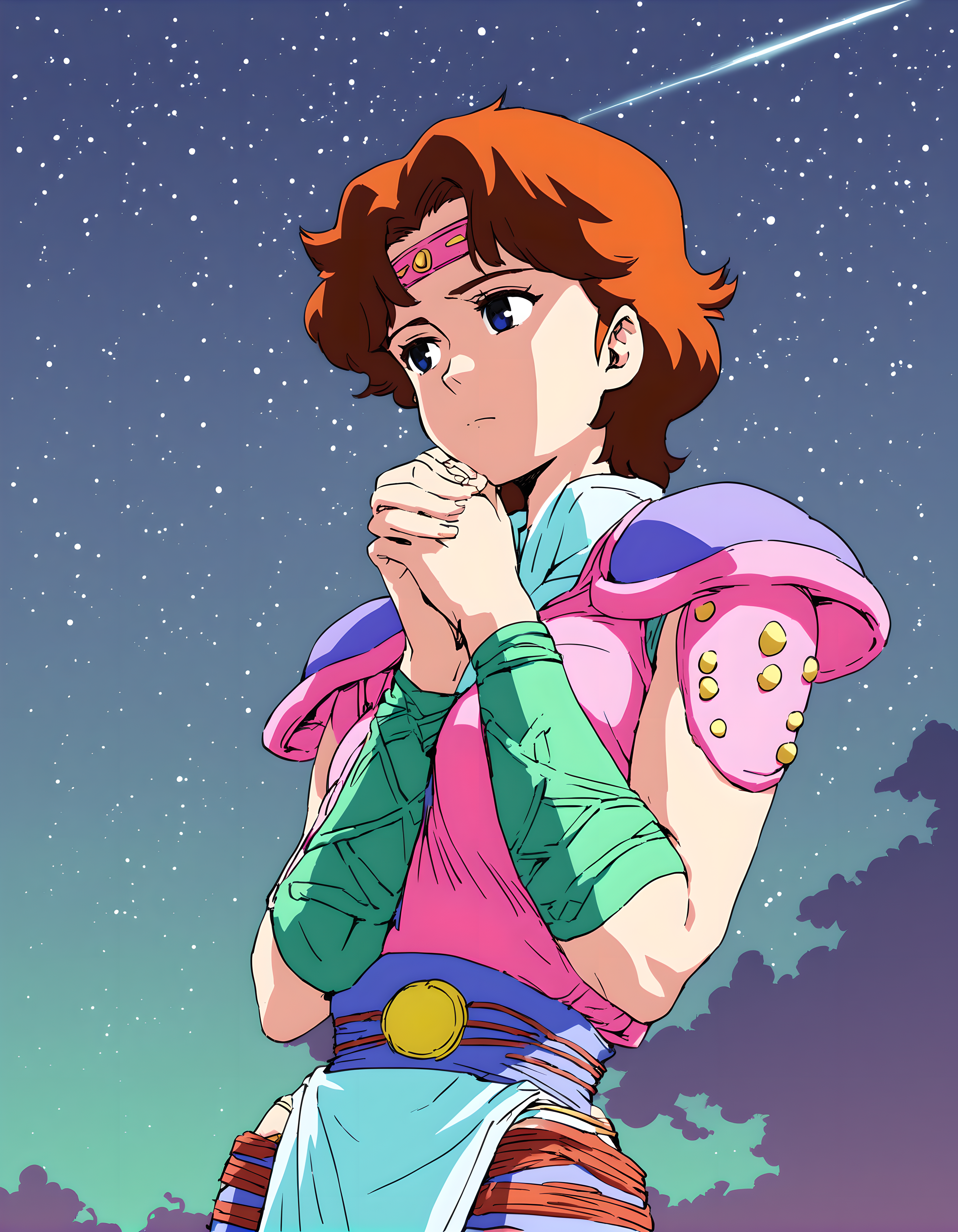 <lora:pony_xl_lin:0.9>,lin,score_9,score_7_up,source_anime,1girl,solo,armor,shoulder armor,pink shoulder pads,pants,knee boots,lonely,standing,hands_on_own_chest,praying,nature,night,big dipper,starry_sky,star_(sky),upper_body,