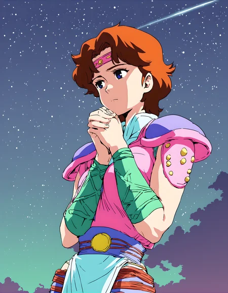 <lora:pony_xl_lin:0.9>,lin,score_9,score_7_up,source_anime,1girl,solo,armor,shoulder armor,pink shoulder pads,pants,knee boots,lonely,standing,hands_on_own_chest,praying,nature,night,big dipper,starry_sky,star_(sky),upper_body,