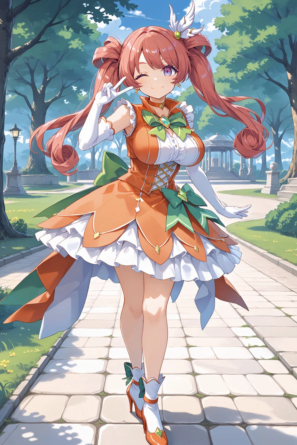 score_max, (score_9, score_8_up, score_7_up:1.0), score_6_up, official art,
, masterpiece, absurdres, high detail, 8k,
park, low woods, stone floor, blue sky, sparkle,
standing, finger to eye, v sign, smile, one eye closed,
gula, twintails, magica2019, wing hair ornament, choker, orange dress, bowtie, brooch, green bow, sleeveless, large breasts, frills, white gloves, elbow gloves, orange footwear, heels
<lora:XL_Pony_MGCM-gula-t1:1.0>