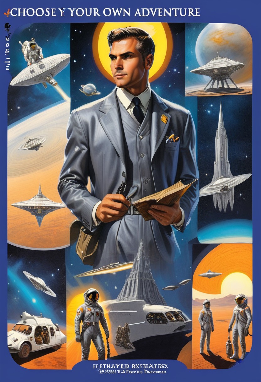 choose your own adventure, formal, suit, backpack, realistic, space, ground vehicle, multiple views, sun, holding book, holding weapon, d3c0pnuk, detailxl, str34ml1n3