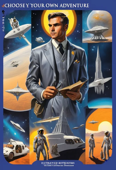 choose your own adventure, formal, suit, backpack, realistic, space, ground vehicle, multiple views, sun, holding book, holding weapon, d3c0pnuk, detailxl, str34ml1n3