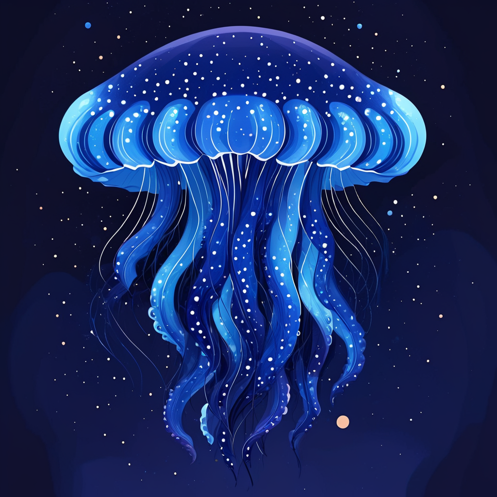 <lora:Flat_Cartoon_IllustrationSDXL:1> ArsMJStyle, Flat Cartoon Illustration, The image shows a blue jellyfish floating in the ocean with stars in the background creating a beautiful and serene atmosphere., no humans, blue background, tentacles, jellyfish, simple background, black background, artist name, full body