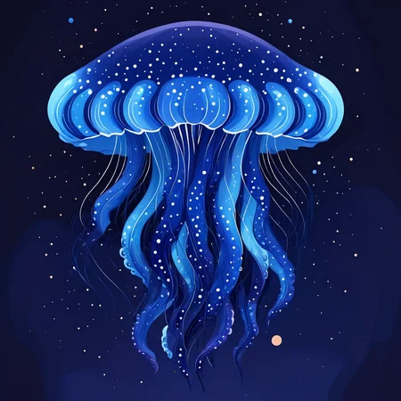<lora:Flat_Cartoon_IllustrationSDXL:1> ArsMJStyle, Flat Cartoon Illustration, The image shows a blue jellyfish floating in the ocean with stars in the background creating a beautiful and serene atmosphere., no humans, blue background, tentacles, jellyfish, simple background, black background, artist name, full body