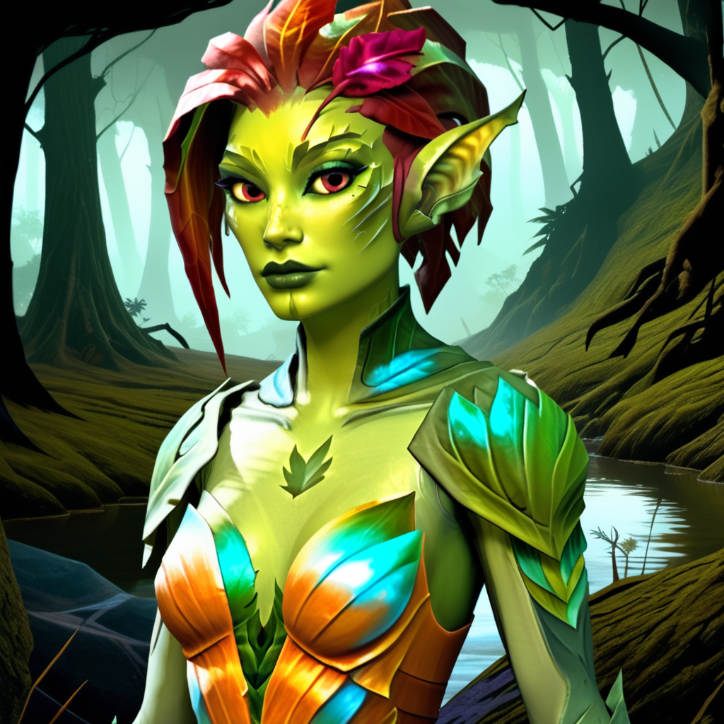 Sylvari,light armor,small chest,potrait,sunny,face potrait,green skin,humanoid,forest,redhair,leaf,<lora:sylvari-lora:1>,