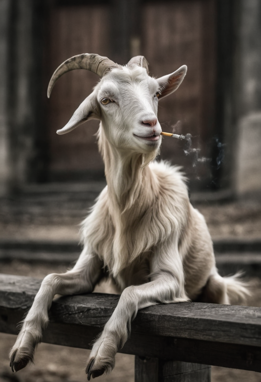 sitting animal goat smokes a cigarette, holds a cigarette,  8k, F2.8, RAW Photo, ultra detailed, <lora:Smoking_Nun_XL:0.8>