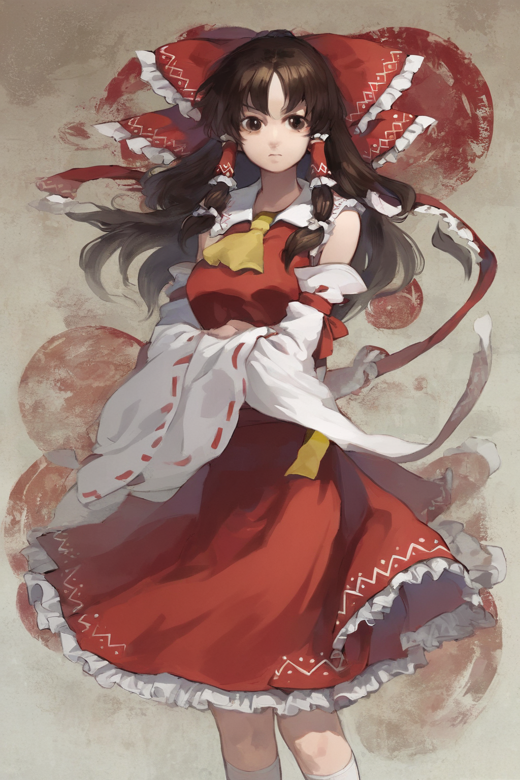 score_9, score_8_up, score_7_up, rating_mature,rating_safe,rating_explicit, touhou, hakurei reimu, ascot, bow, brown eyes, brown hair, detached sleeves, frilled bow, frilled hair tubes, frills, gohei, hair bow, hair tubes, holding, holding gohei, long hair, ofuda, red bow, red skirt, ribbon-trimmed sleeves, ribbon trim, skirt, skirt set, socks, white socks, yellow ascot, solo, solo focus, portrait, wide shot,high contrast,dark,detailed background, Standing with arms crossed, <lora:nat_the_lich_canvas:1>