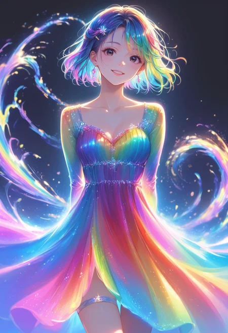 score_9, score_8_up, score_7_up, masterpiece, best quality, perfect anatomy, very aesthetic, ((outlined outlined vector graphics)),no norm,
, cute face, (glow eyes:0.8), glittering, glimmering,front view, black background, rainbow ring, looking at viewer,cowboy shot,rainbow splash, rainbow water,
20yo, black eyes, short bob hair, hair pin,medium breast, slender,(white thigh strap:1.1), rainbow dress, dress, arms behind back, smile beam,happy, open eyes , long sleeve,rainbow hair,
jewelry, earrings, parted lips, <lora:rainbow-hair-01:1.2> <lora:rainbow-dress-01:1.0>