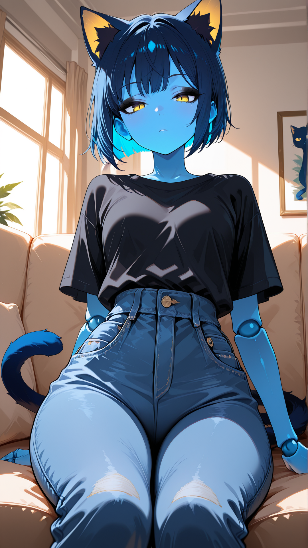 masterpiece, best quality, amazing quality, absurd res,
Flatline, Flat vector illustration, masterpiece, best quality, good quality, very aesthetic, absurdres, newest, 8K, depth of field, focused subject, dynamic closeup angle,
 <lora:Capek_mrbalderus_for_Illustrious:1> 1girl, c4pek, cat ears, cat tail, short hair, colored skin, blue skin, yellow eyes, joints, blue hair, black eyeshadow, medium hips, short, dark blue ears, dark blue tail, gold inner ear, 
 shirt, jeans, indoors, living room, window, sitting on couch,
