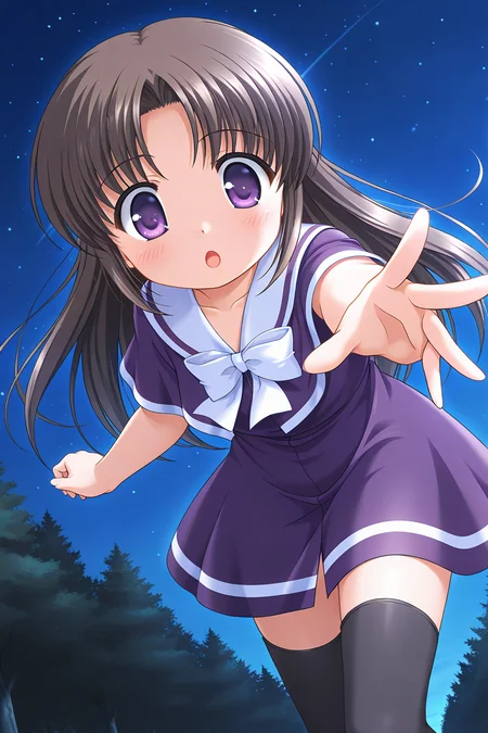 masterpiece, best quality, absurdres, official art, official style, general BREAK <lora:nonoharayui_IL_v1-3:0.7>, nonohara yui, 1girl, solo, purple eyes, brown hair, black hair, parted bangs, long hair, straight hair, flat chest, aged down, school uniform, purple capelet, purple dress, sailor dress, short dress, white sailor collar, white bowtie, short sleeves, white line, zettai ryouiki, black thighhighs, night, open mouth, outstretched hand, reaching, night sky, blush, :o, outdoors, surprised, starry sky, dog, nature, outstretched arm, forest, dutch angle, foreshortening, leaning forward, glowing, skirt hold