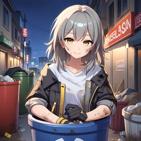 score_9, score_8_up, score_7_up, score_6_up, score_5_up, score_4_up, BREAK source_anime, look at viewer, rating_safe, 1girl, solo, outdoors, night, city, in container, hiding, in trash can, grey trash can, dirty, smiling, masterpiece, best quality, high detailed skin, stelle \(honkai: star rail\), stelle def, medium hair, grey hair, yellow eyes, black jacket, open jacket, jacket, coat, white shirt, black gloves,