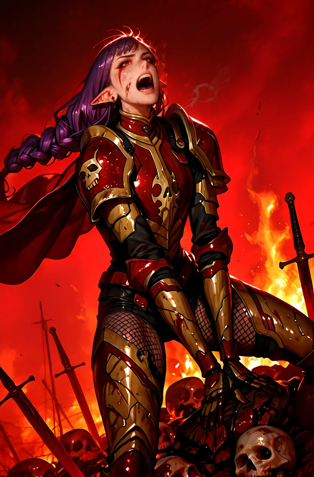 analog film photo hyperrealistic art Volumetric Lighting, Vibrant Rim Light, masterpiece, best quality, amazing quality, 1girl, Esil Radiru, dutch angle, holding sword, (standing),wearing gold and red armor, red cape, pauldrons, breastplate, gauntlets, torn fishnet stockings, greaves, single braid, long hair, purple hair, red eyes, facial mark, pointy ears, earrings, screaming, rage, dirty, fighting stance, in motion
BREAK , detailed background,ruined battlefield, fog, smoke, red light, fire, fierce battle, burning highrise, dynamic pose, action pose, standing on pile of corpses, killinga orcs with her sword, raytracing, burning horizon,
fighting primitive orcs wearings rags and leather,ugly orcs, stabbed goblin, dirty, gore, scratches, scratches, bloody daggers, blood splatters, skull,
<lora:MoriiMee_Gothic_Niji_Style_Illustrious_r1:1> artist:moriimee <lora:SoloLeveling_EsilRadiru_IlluXL:0.8>, bright rim light, high contrast, bold edge light, light depth, dramatic atmospheric lighting, Volumetric Lighting . extremely high-resolution details, photographic, realism pushed to extreme, fine texture, incredibly lifelike . faded film, desaturated, 35mm photo, grainy, vignette, vintage, Kodachrome, Lomography, stained, highly detailed, found footage