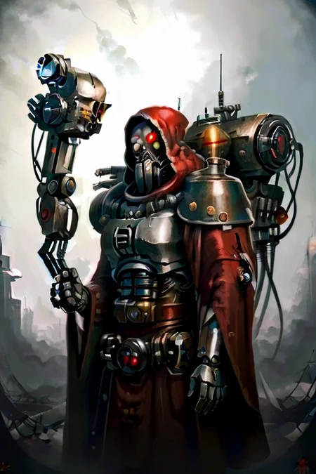 ((masterpiece,best quality)), absurdres, mechanical arms, grey and red robes, hood, (techpriest), cyborg, mechanical face, (sovietpunkai)