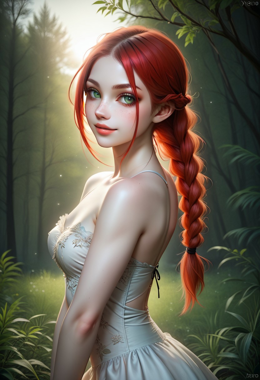 epic, volumetric lighting, raytracing, realistic reflection detail, cinematic 3D render, extremely detailed face, realistic skin texture, score_9, score_8_up, score_8_up, layering, 1girl, exposed, soft breast, slender body, ultra detailed, smooth skin texture, alluring curves, tasteful sensuality, softcore, a girl, very white skin, slight smile, long straight red hair, high braid, green eyes shining like emeralds, freckles, a long elegant white dress with lace, side view, looks sideways at the viewer, slight smile, in a spring forest, play of light with the leaves, sunset