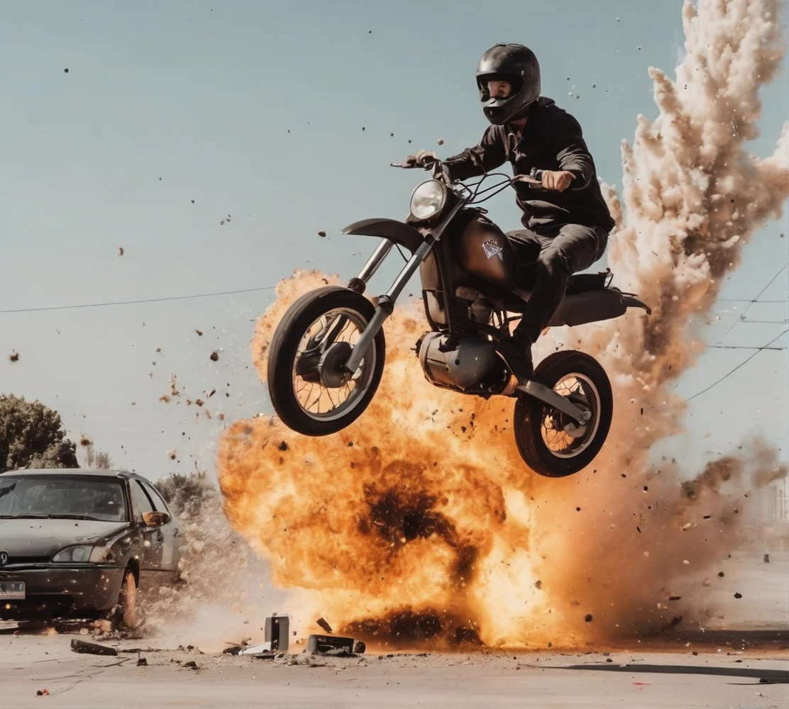 a moped going off a ridiculous trick jump. <lora:Explosion Artstyle - Trigger is Explosion Artstyle:1> explosion artstyle