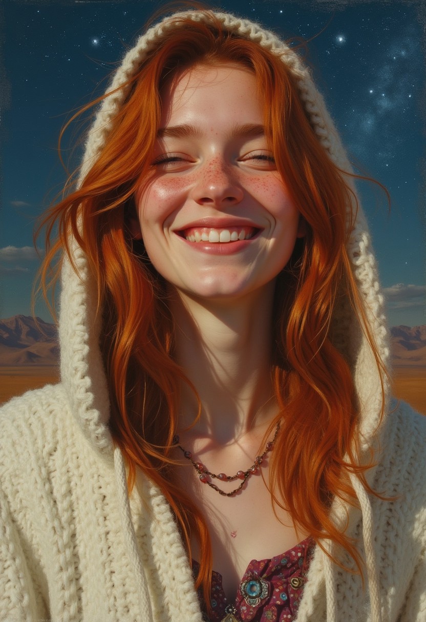detailed photorealistic image, closeup portrait of Female Irish redhead, (freckles), (white poncho), carefree, happy, joyful, playful, laughing , wandering in a desert , western, Wild West, beautiful (night-sky), milky way in the nightsky, various poses, (by Henry asencio:1.4), (by Josephine Wall:1.4), close-up,  (by Edgar Degas:1.1), (by Pierre-Auguste Renoir:0.9), (by Claude Monet), (by Vincent Van Gough:), (by J M W Turner), Aquila, (by Hokusai) and  (by James Gurney) , (oil painting), (Art Nouveau), (by Gustav Klimt:), (by Egon Schiele), (by Oskar Kokoschka,  directional lighting, masterpiece, perfect composition, perfect hands  <lora:ARTifacts:0.8>