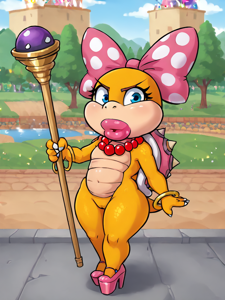 <lora:WendyKoopa1.0:1> wendykoopa,  yellow skin, pearl necklace, thick lips, polka dot bow, blue eyes, solo, staff, shortstack,high heels, cute,short , 1girl, furry female, spiked shell, tail, looking at viewer,<lora:Smooth Anime Style LoRA XL:1> <lora:Jabstyle_AMXLV1:1>