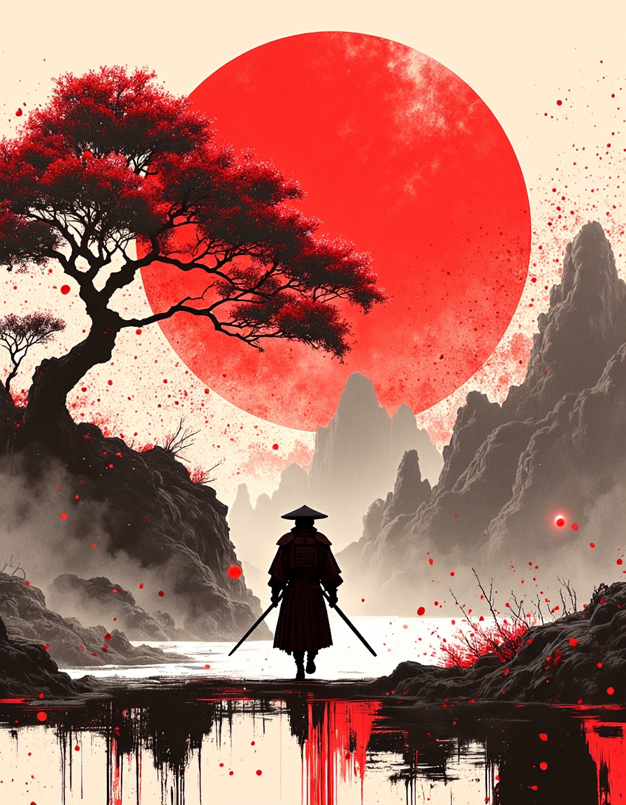 Silhouette of a samurai, serene and resolute, positioned amidst a vibrant, stylized landscape.  Large, crimson sun dominates the upper portion, contrasted with ink-wash washes of black and gray, evoking a traditional Japanese ink painting style.  The samurai is depicted in a  traditional Japanese warrior garb, with a simple black hat. He holds a pair of swords, and walks in a determined, steady manner across a stylized watery surface marked with splattered crimson and black.  A large stylized tree with red blossoms dominates the mid-ground, its branches extending towards the crimson sun. The overall composition utilizes negative spaces effectively, creating a sense of vastness and tranquility.  The color palette consists of intense crimson, deep black, gray, and hints of white.  The painterly texture is prominent, with loose brush strokes that give a sense of movement.  The overall atmosphere is quiet, profound, and steeped in a sense of Japanese cultural aesthetic.  Splatter and stain art style, Japanese ink painting, <lora:Dever_Flux_Enhancer:0.5>, <lora:flux.1_lora_flyway_Epic-detail_v2:0.4>, <lora:FantasyWizardWitchesFluxV2-000001:0.8>, HKMagic