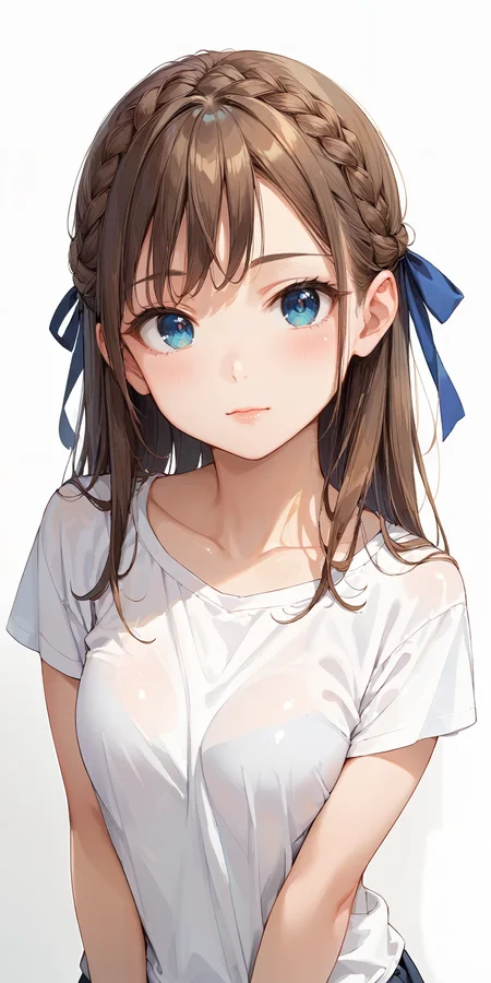 score_9, score_8_up, score_7_up,source_anime, high res image,masterpiece,best quality,girl,cute face,clear skin,shiny hair,ultra detailed eyes,simple background, <lora:half up braid_pony_V1.0:1.1> half up braid,ribbon