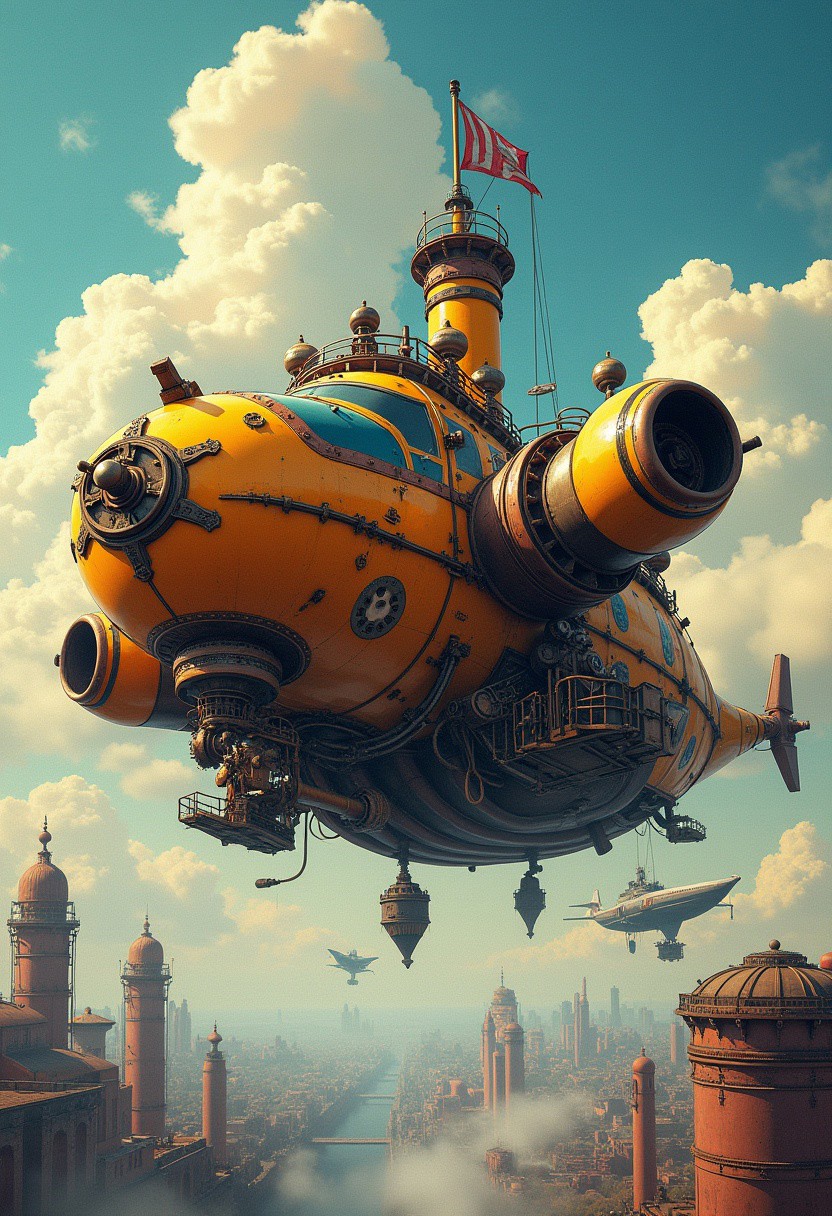 steampunk illustration featuring a flying ship equipped with gears and steam engines, soaring through the sky with mechanical details, background features a vibrant sky with clouds, fantastical cityscape below, industrial, retro-futuristic, colorful, intricate details, ultra-sharp, hyper-detailed, chiaroscuro lighting