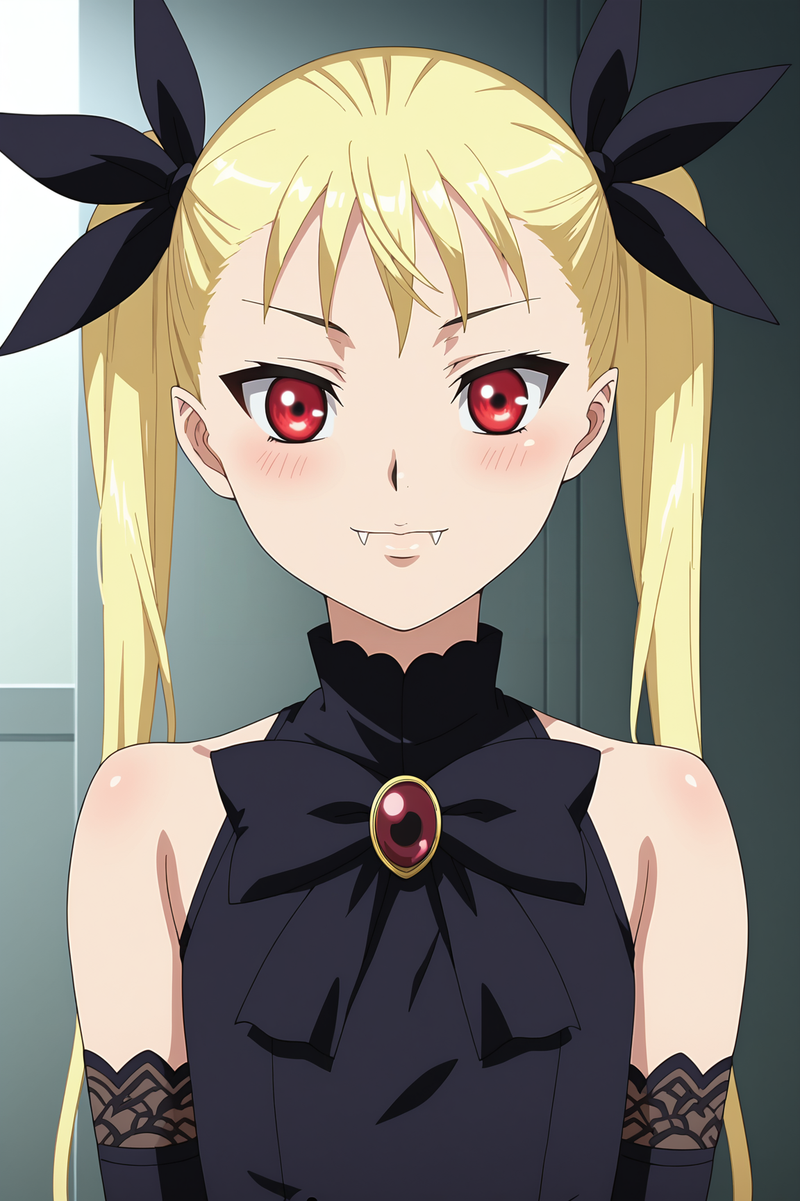 score_9, score_8_up, score_7_up, source anime, prefect lighting, very aesthetic, BREAK, anime screencap, anime coloring,
<lora:mina_tepes_v1:1>, 1girl, mina tepes, dance in the vampire bund, blonde hair, red eyes, flat chest, hair ribbon, twintails, elbow gloves, black dress, brooch, bare shoulders, fangs, 
BREAK, looking at viewer, light smile, blush, portrait, 
BREAK,