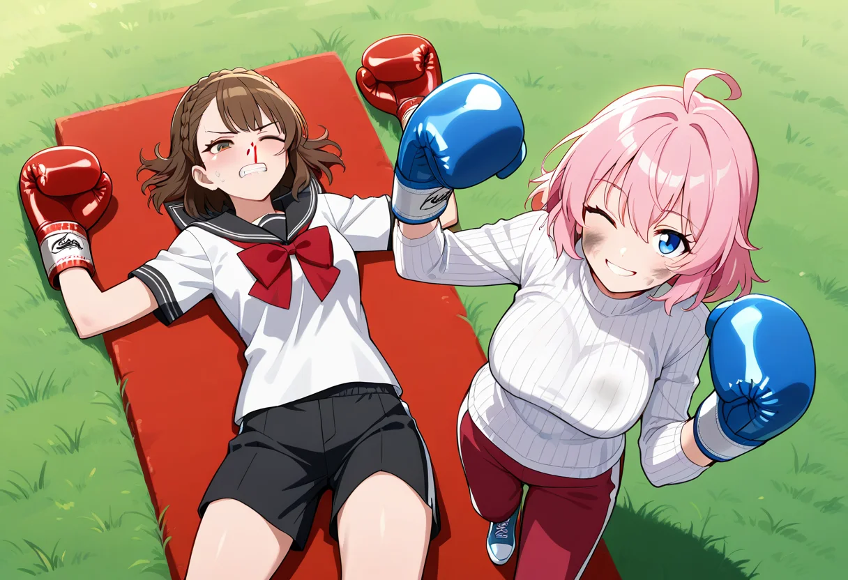 boxing gloves, bruised eye, nosebleed, one eye closed, clenched teeth, <lora:girlsboxingdownloraillustrious-000060:0.3>, gbdown, full body, cowboy shot, from above, cowboy shot, masterpiece, best quality, 2girls, outdoors, grass, BREAK
lying, on back, lying on back, red boxing gloves, brown hair, crown braid, serafuku, shorts, BREAK
(bruised eye, dirty face:1.1), nosebleed, one eye closed, arms up, raised fist, smile, happy, standing, looking at viewer, blue boxing gloves, pink hair, ahoge, ribbed sweater, track pants, shoes,