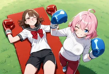 boxing gloves, bruised eye, nosebleed, one eye closed, clenched teeth, <lora:girlsboxingdownloraillustrious-000060:0.3>, gbdown, full body, cowboy shot, from above, cowboy shot, masterpiece, best quality, 2girls, outdoors, grass, BREAK
lying, on back, lying on back, red boxing gloves, brown hair, crown braid, serafuku, shorts, BREAK
(bruised eye, dirty face:1.1), nosebleed, one eye closed, arms up, raised fist, smile, happy, standing, looking at viewer, blue boxing gloves, pink hair, ahoge, ribbed sweater, track pants, shoes,