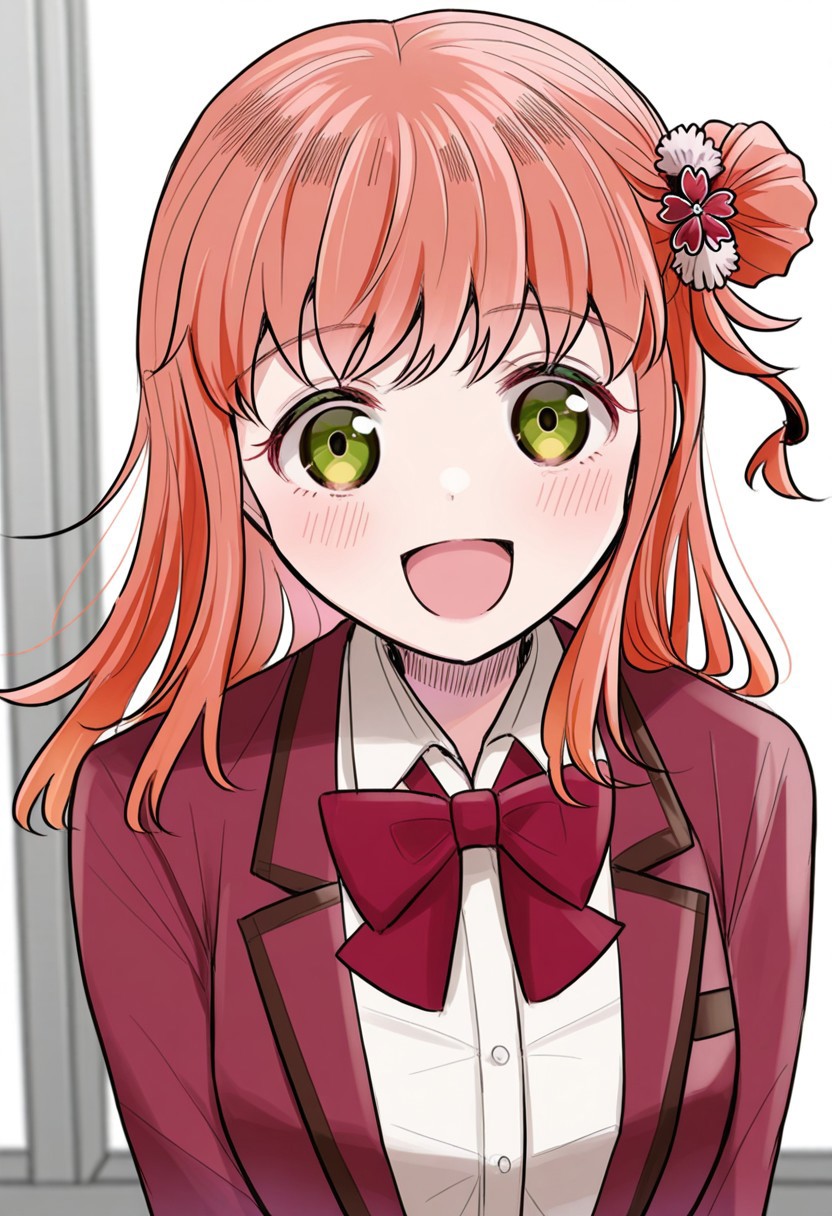 masterpiece, best quality, 32k, high resolution, absurdres,  yotsuha, flower, collared shirt, jacket, one side up, looking at viewer, hair bun, blazer, :d, bow, bowtie
