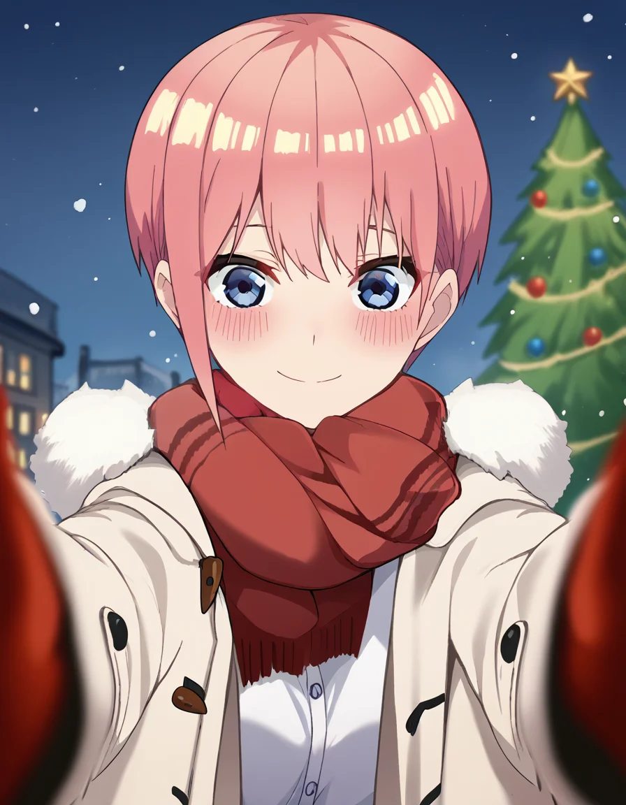 score_9, score_8_up, score_7_up, source_anime, <lora:ichika-nakano-s2-ponyxl-lora-nochekaiser:1>, ichika nakano, short hair, bangs, blue eyes, hair between eyes, pink hair, pixie cut, large breasts, <lora:pov-cheek-warming-ponyxl-lora-nochekaiser:1>, pov cheek warming, pov cheek warming (meme), winter gloves, duffel coat, fur-trimmed scarf, winter clothes, red mittens, meme, winter coat, red scarf, fur-trimmed coat, reaching towards viewer, reaching, mittens, fur-trimmed hood, white coat, open coat, scarf, coat, red gloves, snowing, pov, fur trim, depth of field, smile, blush,, christmas, christmas tree, christmas lights,,