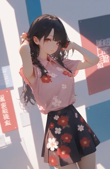 score_9,score_8_up,score_7_up,score_6_up,source_anime,softnai3style,
<lora:softNai3Style01:1>,
1girl, skirt, solo, black hair, shirt, red nails, long hair, floral print, arms up, print skirt, nail polish, signature, white shirt, short sleeves, artist name, sleeveless shirt, standing, shadow, pink shirt,,