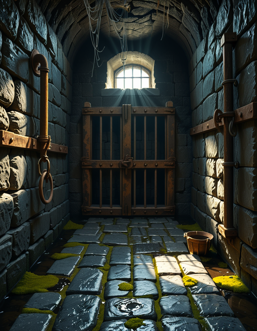 A highly detailed, hyper-realistic photograph of a dark medieval dungeon prison cell. The scene is dimly lit by a single flickering torch mounted on a damp stone wall, casting eerie shadows across the rough, moss-covered stones. Heavy, rusted iron bars form the cell door, slightly ajar, with visible corrosion and ancient padlocks. Inside the cell, there is a straw-covered floor, old wooden buckets, and a crude, splintered wooden bench against the back wall. Chains and manacles hang loosely from the walls, showing signs of long-term use. The atmosphere is cold, humid, and oppressive, with faint light rays piercing through tiny cracks in the stone ceiling. Cobwebs stretch across the corners of the cell, and faint water drips from above, creating small puddles. The overall mood is grim, desolate, and foreboding. Photorealistic style, with high dynamic range (HDR) lighting and extreme attention to textures like rust, moisture, and decay.
<lora:SDXLFaeTastic2400:0.4> <lora:extremely_detailed:0.4> extremely detailed,<lora:medieval_dungeon_pr1s0n_c3ll:1>,medieval dungeon pr1s0n c3ll, Masterpiece,best quality,hi res,8k,hi res,8k,award winning,(sharp focus, intricate, highly detailed),