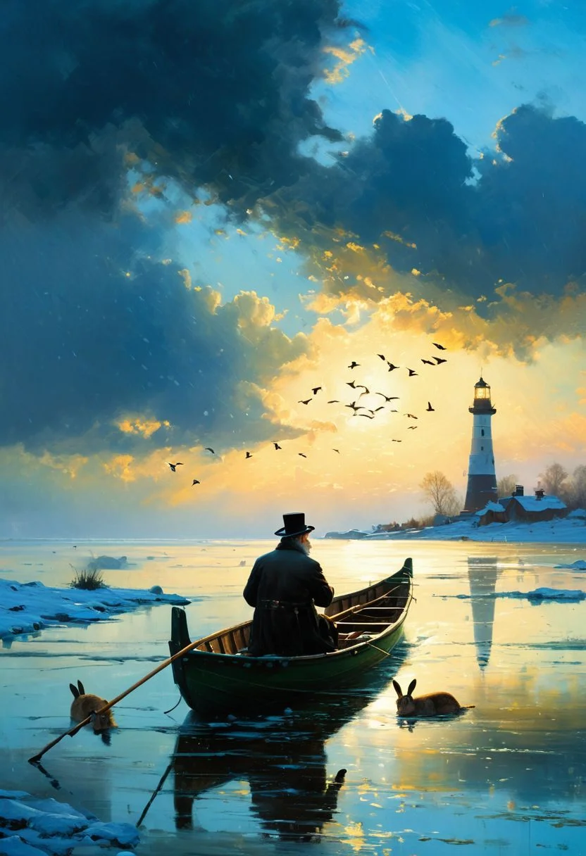 ((masterpiece, best quality, high quality, highres, ultra-detailed)), (the river, the flying birds,Night, rain) , , sky, clouds, sunlight, <lora:soldart:0.6> <lora:AngelicAI:0.1> <lora:add_detail:1>,, against the background of the
lighthouse, blue sky, , epic clouds, (oil painting:0.1), (best quality, 8K, high resolution, extreme detail, outstanding composition:1.4), art by Jeremy Mann, god rays, dramatic light, (oxygen-rich air and sheltered atmosphere, snowy, aesthetic of hard - edge painting:0.1), An russian old man siting in a boat with hares, hares in hands, (buttoned up coat:0.6), (black fur hat:0.6), Wellingtons, full body, oars, oil on canvas, (ivan aivazovsky:0.1), <lora:ClassipeintXL1.9:0.3>, (best quality, high resolution, extreme detail, outstanding composition, masterpiece:1.4),