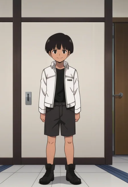 source_anime,anime screencap, anime coloring,intricate details,rating_safe, masterpiece, best quality,
(best quality, absurd res, ultra detailed),,(4 finger:0.5),1girl, ((solo)), good eyes,perfect eyes,,detailed eyes, zPDXLxxx , zPDXL3, OverallDetail,detailed, detailed face
BREAK
solo,indoors,standing,front view,full body, hand on side,
Yukari, 1girl, tomboy, dark-skinned female, short hair, black hair, black eyes, white jacket, black shirt, open jacket, shorts,
smile, looking at viewer,
, <lora:add-detail-xl:5>   <lora:Yukari_Obishima:0.8>