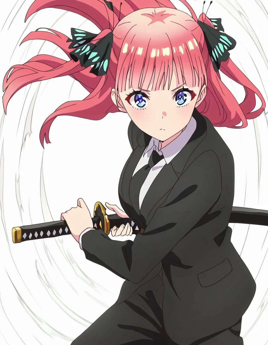 masterpiece, best quality, newest, absurdres, highres, safe,, <lora:nnakano-s2-ponyxl-lora-nochekaiser:1>, long hair, bangs, blue eyes, hair ornament, hair ribbon, pink hair, blunt bangs, two side up, butterfly hair ornament, large breasts, anime screencap, <lora:battoujutsu-stance-illustriousxl-lora-nochekaiser:1>, battoujutsu stance, looking at viewer, holding, weapon, sword, holding weapon, holding sword, standing, katana, sheath, sheathed, fighting stance, ready to draw, shirt, long sleeves, jacket, white shirt, necktie, collared shirt, pants, black jacket, floating hair, black pants, formal, suit, black necktie, black suit, pant suit,, ,