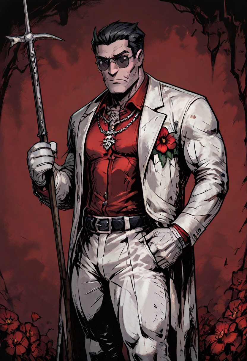masterpiece, best quality, newest, absurdres, highres, TTCSV1.0, BDCV1.0, weapon, polearm, bec de corbin, holding weapon, holding polearm, holding, 1boy, helltaker \(helltaker\), black hair, short hair, muscular, muscular male,
sunglasses, glasses, 
white jacket, white pants, black belt, red shirt, formal clothes, flower in clothes, open jacket