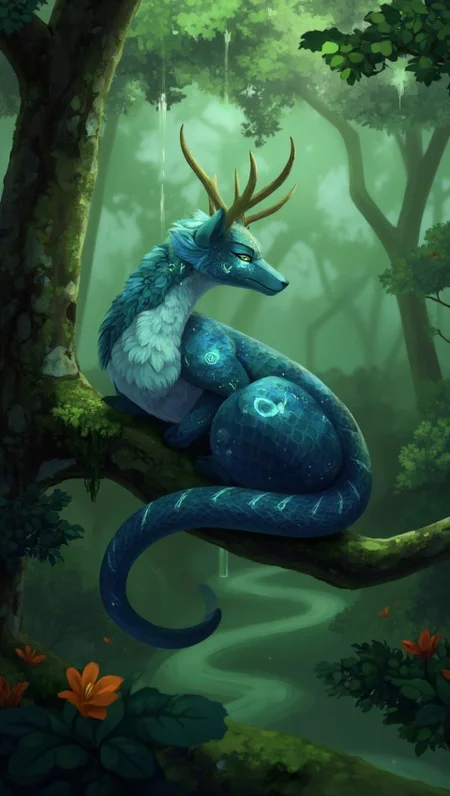 <lora:ck-LttleGhost-000011.safetensors:1> in the style of ck-lttlegh0stA mystical blue-scaled serpentine creature, adorned with regal deer-like antlers, sits calmly on a moss-covered tree branch within a dense, ethereal forest shrouded in soft green mist. Glowing runes adorn its body, while vibrant orange flowers sporadically bloom amidst the mist, creating a striking contrast to the serene atmosphere.