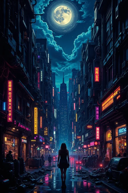 a cyberpunk street full of neon lights and colorful holograms,beautiful landscape, dusk, woman, very intricate, very detailed, sharp, colorful, <lora:Hand v2:0.5> <lora:Anti-Blur:1><lora:Insane Detail Slider:0.25>  <lora:flux.1_lora_flyway_Epic-detail_v2:0.3> <lora:fluxenhancer:0.25><lora:The_Dark_Side_Of_The_Future:0.4><lora:Neurocore Anime Cyberpunk v2.0:0.4> A digital artwork in the style of cknc