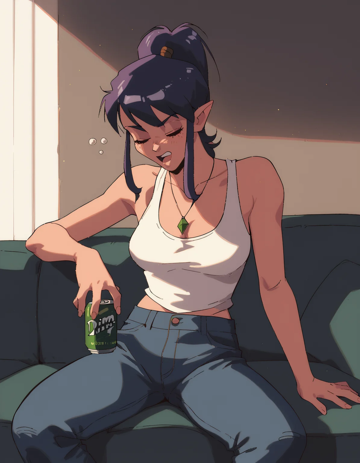 score_9, score_8_up, score_7_up <lora:pierce-ponyxl-000048:1> pircdrg, tank top, jeans,
1girl, solo, beer can, drunk, couch, dim lighting