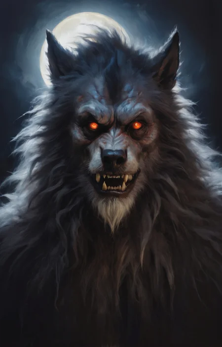 a colorful painting of a werewolf, extreme close-up, long fur, moonlight, god rays, halloween theme aesthetics, in the style of nicola samori <lora:NicolaSamori:0.8>