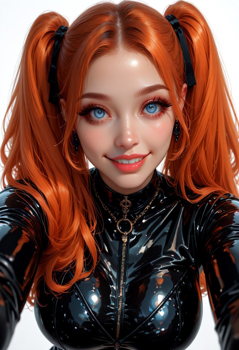 Fiona nobody, 24 year old Caucasian woman with orange-auburn hair in high arching twintails, blue-eyes, big breasts, close-up of an elegant cartoon girl in black latex dress with cute face, big eyes and white smiling lips doing selfie, orange-auburn hair in high arching twintails,, hyper realistic game art, fashion illustration style, trending soft color palette, charming character illustrations, high resolution, on solid background, cartoon realism, digital painting, casual wear, full body portrait, by Artgerm, trending on pixiv fanbox niji5 s20 e4s, smooth lighting, vivid colors, centered composition white background, depth of field, <lora:MoriiMee_Gothic_Niji_Style_Illustrious_r1:0.7> artist:moriimee,  <lora:PowerPuffMixLora:0.5>,  <lora:Detailer_NoobAI_Incrs_v1:0.6> detailed,