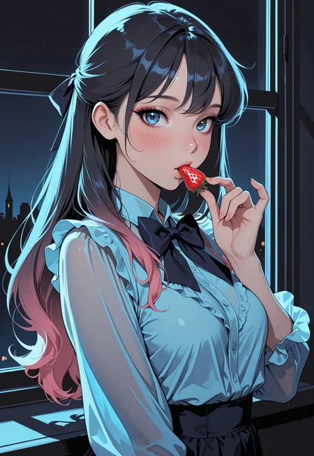 masterpiece, high_quality, highres, flat_colors, gradient, 
woman, blouse, bowtie, hair_ribbons, eating_strawberry, joy, eyelashes, blush, black_background, window, night, dark, blue, looking_at_viewer