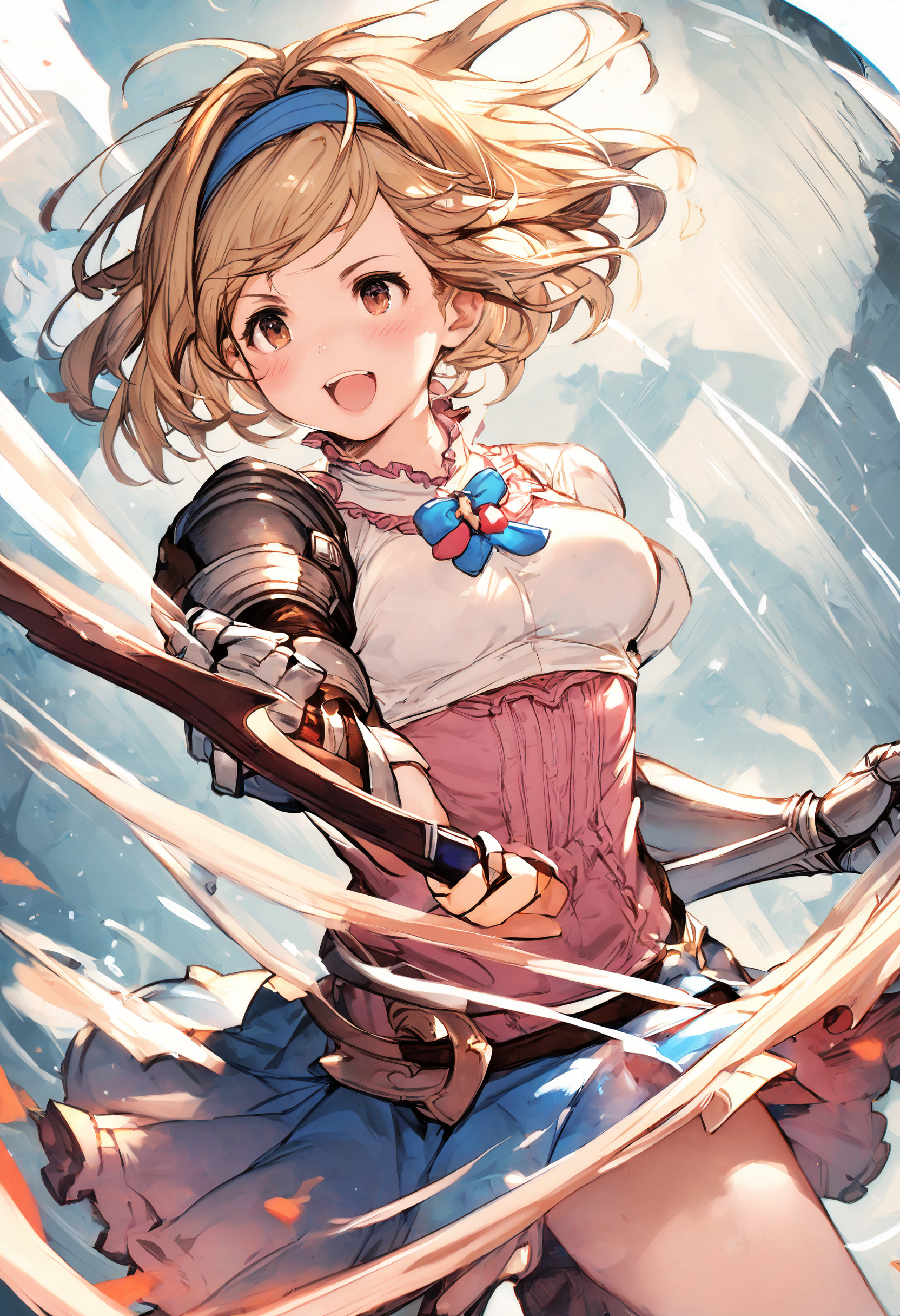 score_9, score_8_up, score_7_up,score_6_up, source_anime, best quality, masterpiece, aesthetic, absurdres, 
1girl, solo, happy, blush, serious, (holding sword:1.2), action, motion blur, 
djeeta \(granblue fantasy\), blonde hair, short hair, hairband, brown hair,  medium breasts, pink blouse, skirt, gauntlets, 
<lora:JitaRuri-Pony:0.8> jitaruri, <lora:IshikePony:0.5>,