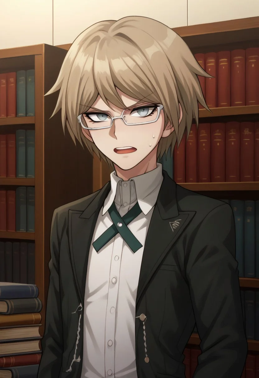 score_9, score_8_up, score_7_up, source_anime, highly detailed,
togami, 1boy, male focus, solo, shirt, short hair, glasses, jacket, open mouth, bangs, sweat, upper body, collared shirt, white shirt, looking at viewer, black jacket, open jacket, teeth, long sleeves, open clothes,
brown hair, semi-rimless eyewear grey eyes, upper teeth only, chain, turning pale
indoor, books, bookshelf,