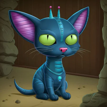 An alien cat, Very detailed, clean, high quality, sharp image, FuturamaStyle <lora:SDXL-FuturamaStyle-Lora:1>