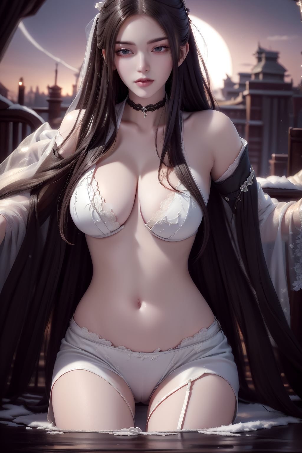 1girl, garter_straps, high_heels, breasts, underwear, solo, thighhighs, black_hair, garter_belt, standing, looking_at_viewer, cleavage, long_hair, lace_trim, lace, nail_polish,<lora:MIAOKA_fangqingxue_v1.0:1>fqx