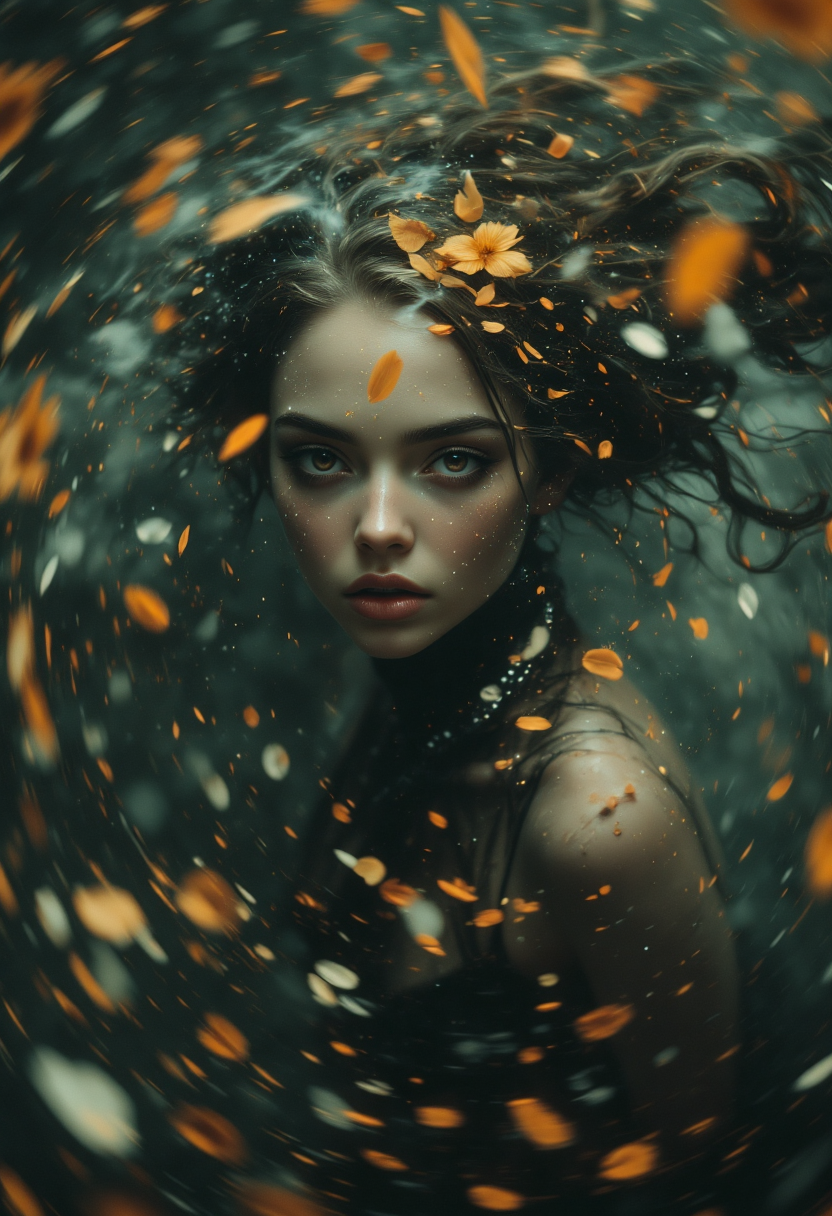 surrealism, portrait, woman dancing, fish eye lens, lens warping, distortion, extreme camera angle view, bokeh, dark soothing atmosphere, epic, cinematic, vortex of floating petals