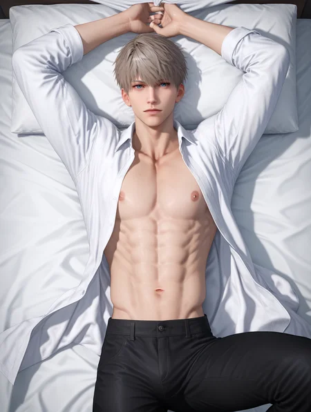 score_9,score_8_up,score_7_up,1boy,solo,yaoi,bara,male focus,fairly nsfw,uncersored,highres,best quality,amazing quality,best aesthetic,absurdres,<lora:add-detail-xl:1>,<lora:Expressive_H:1>,Expressiveh,<lora:xavier-000009:0.7>,xavier,looking at viewer,on bed,white shirt,open clothes,black pants,from above,on back,sheet grab,arms up,