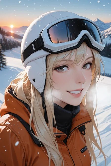 1girl, solo, blonde hair, , goggles, snow, parted lips, long hair, lips, ski goggles, mountain, tree, , orange jacket, winter, snowing, , nose,, jacket, outdoors, breath, flush, platinum blonde, sunset horizon, reflection focus, upper body, cliff, from above, , grin,
masterwork, masterpiece, best quality, detailed, depth of field, , high detail, best quality, very aesthetic, 8k, dynamic pose, depth of field, dynamic angle, adult, aged up